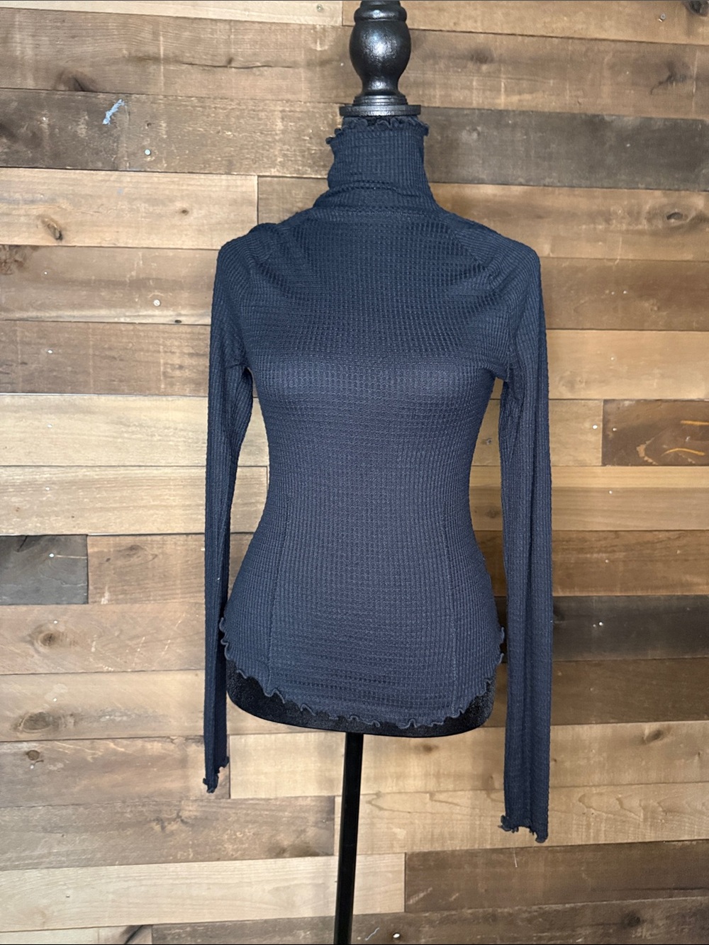 Free People black waffle Lettuce-Edge Turtleneck Long Sleeve Top